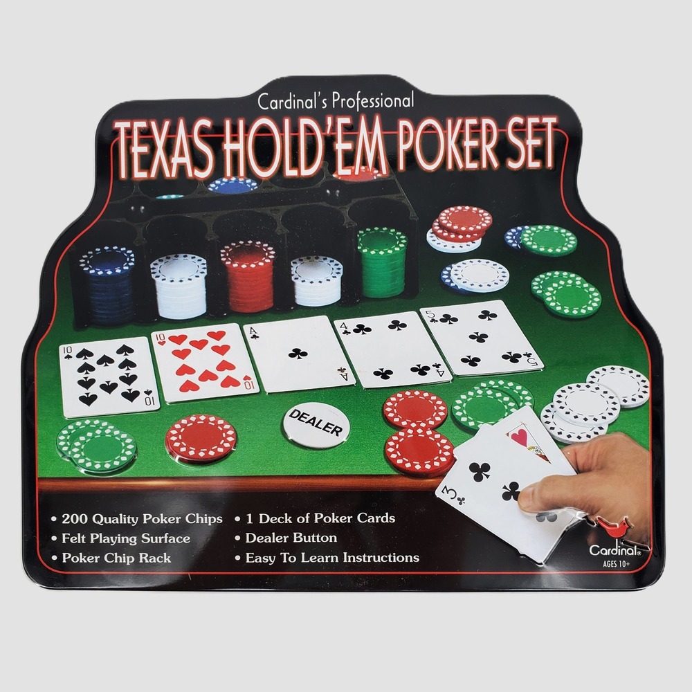 Cardinal Texas Hold'em Poker Set 200 Chips Cards Dealer Button Tin 1425 New